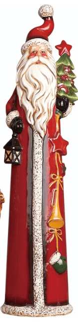 Tall dolomite Santa figurine in red robe holding lantern and Christmas tree