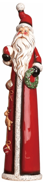 Tall dolomite Santa Claus figurine in red coat holding wreath and ornament