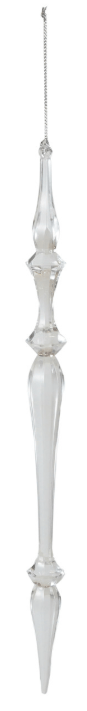 Clear acrylic icicle Christmas ornament with faceted details and silver hanging chain