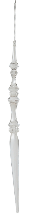 Clear acrylic icicle Christmas ornament with decorative top detail and hanging chain