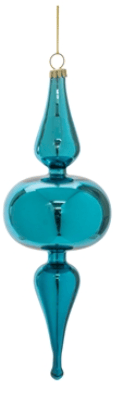 Teal glass finial drop ornament with shiny elongated teardrop shape, 8 inches