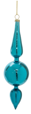 Teal glass drop ornament with finial shape and gold hanging loop, 8 inches