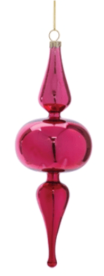 Shiny magenta glass finial drop Christmas ornament with elongated spindle shape