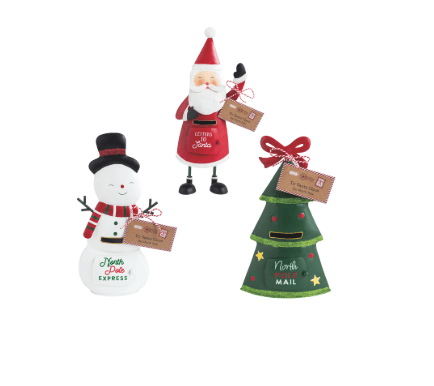 Three Christmas tin sitters: Santa, snowman, and tree mailbox figurines with kraft tags