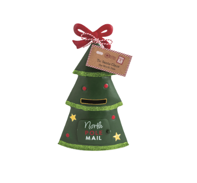 Green tin Christmas tree shaped mailbox with North Pole Mail text and red bow