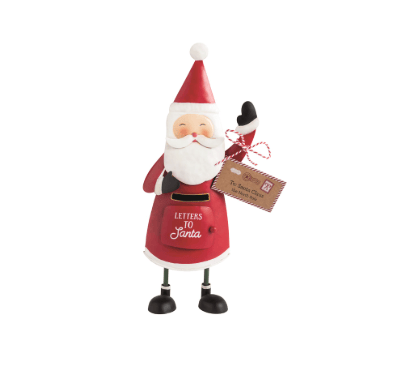 Mud Pie tin Santa Claus figurine with Letters to Santa mailbox slot, red hat