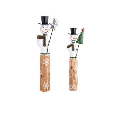 Two wooden-base snowman figurines with top hats holding a star wand and Christmas tree