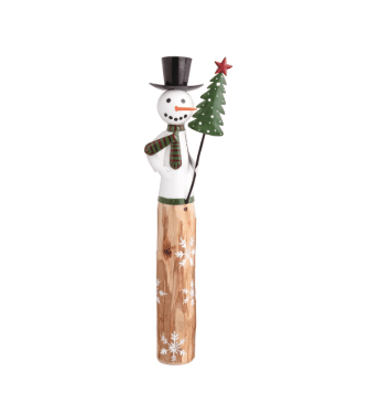 Tall wooden snowman sitter holding green Christmas tree, black top hat, striped scarf
