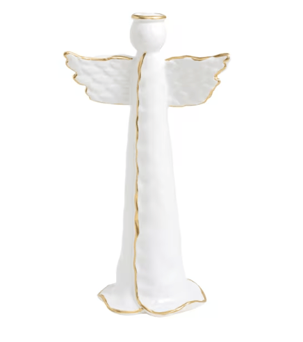 White ceramic angel figurine with gold-painted trim on wings, halo, and robe edges