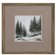 Framed winter forest print with burlap mat and rustic wood frame, 16-inch square
