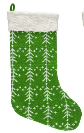 Green knit Christmas stocking with white tree pattern and cable-knit cuff