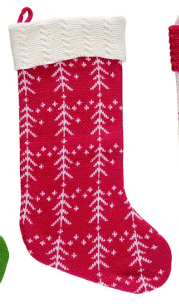 Red knit Christmas stocking with white tree pattern and white cable-knit cuff