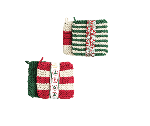 Holiday stripe knit pot holder sets in red and green colorways, set of 2