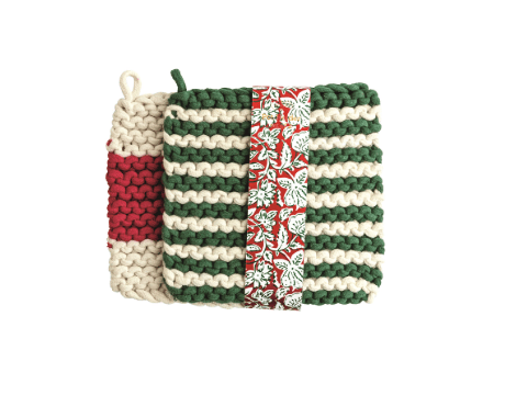 Set of three holiday pot holders in cream, red, and green stripe crochet knit