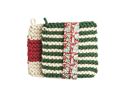 Set of three holiday pot holders in cream, red, and green stripe crochet knit