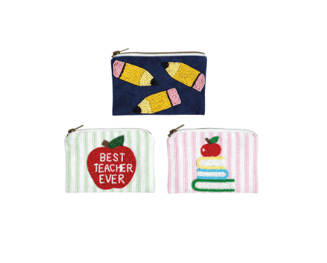 Three beaded zipper pouches with pencil, best teacher ever apple, and stacked books designs