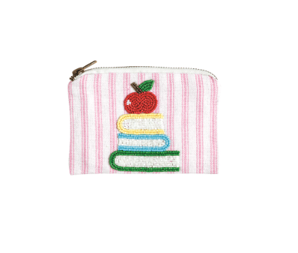 Pink striped beaded coin pouch with stacked books and red apple design
