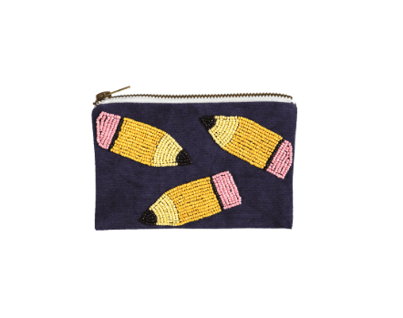 Navy blue beaded zipper pouch with yellow pencil design, teacher gift