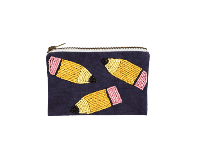 Navy blue beaded zipper pouch with yellow pencil design, teacher gift