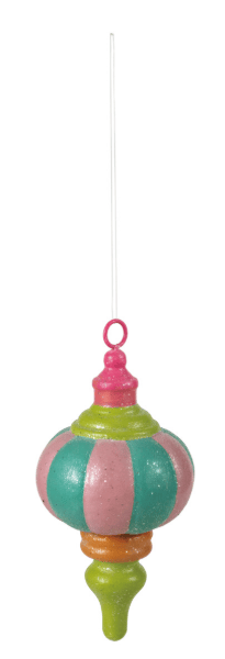 Oversized glitter painted metal finial ornament in pink, teal, green, and orange stripes