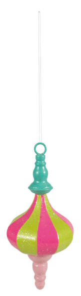 Oversized teardrop metal ornament with pink and green glitter stripes and teal cap