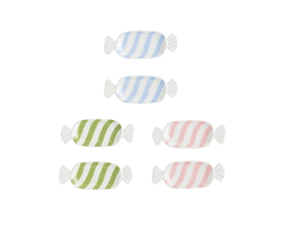 Set of six striped candy-shaped tidbit plates in blue, green, and pink