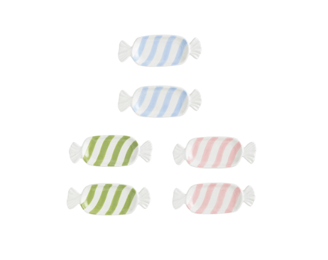 Set of six striped candy-shaped tidbit plates in blue, green, and pink