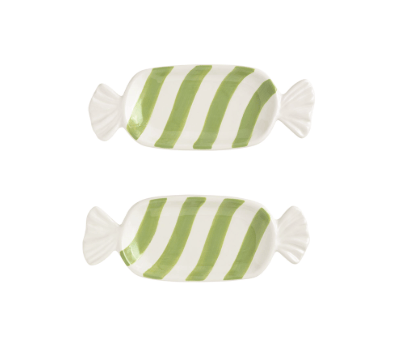 Set of two green and white striped candy-shaped ceramic tidbit plates