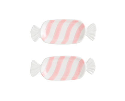 Set of two candy-shaped ceramic tidbit plates with pink and white diagonal stripes