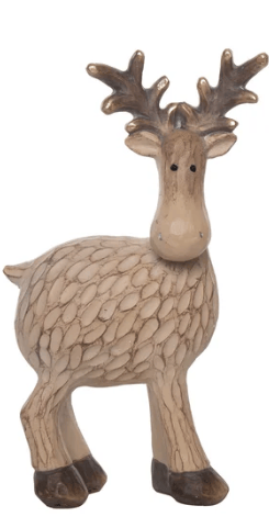 Beige textured ceramic moose figurine with brown antlers and hooves, standing pose