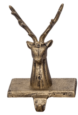 Gold antique-finish cast iron reindeer head Christmas stocking holder with antlers