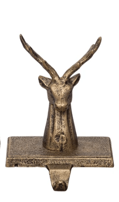 Antique gold cast iron reindeer head stocking holder with antlers