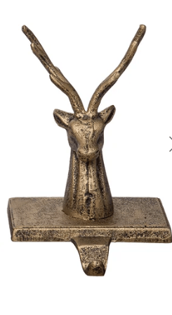 Gold antiqued iron reindeer head stocking holder with antlers and mantel base