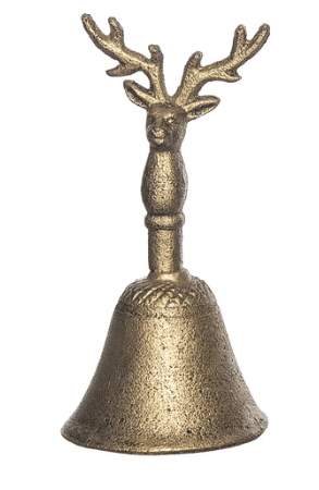 Gold cast iron bell with decorative reindeer antler handle, antique brass finish