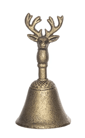 Brass cast iron hand bell with decorative reindeer head and antler handle