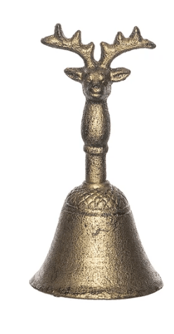 Brass cast iron reindeer head bell with antlers, golden finish, decorative holiday bell