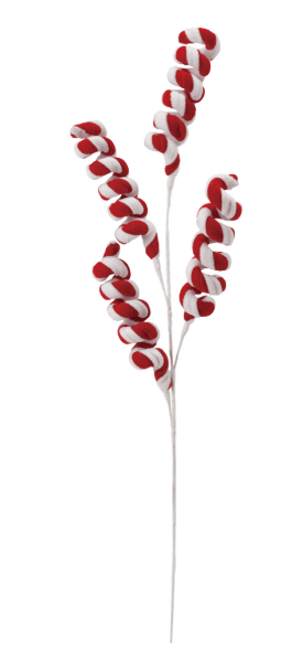 Red and white striped chenille candy swirl artificial spray stem, 3 branches