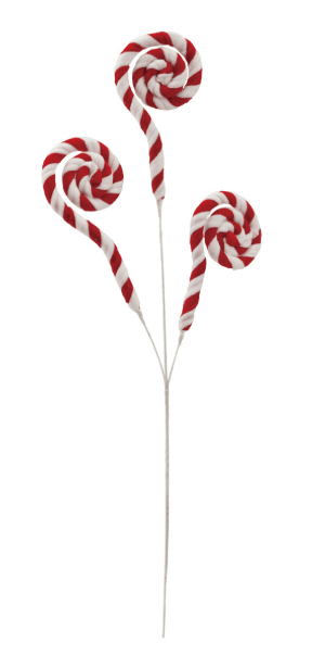 Red and white chenille candy swirl lollipop wired fabric spray, 3 heads