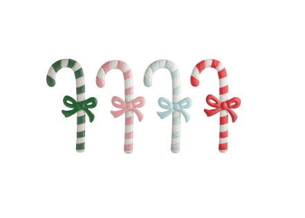 Four tin candy cane ornaments in green, pink, blue, and red with matching ribbon bows