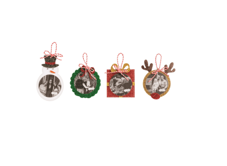 Set of four glitter Christmas photo ornaments in snowman, wreath, gift, and reindeer designs