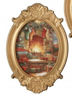 Gold oval framed Christmas Eve fireplace scene with stockings and gifts