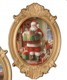 Gold oval framed Santa Claus holding gifts art print, 8x12 inches