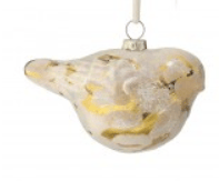 Frosted white and gold glass bird Christmas ornament with hanging loop
