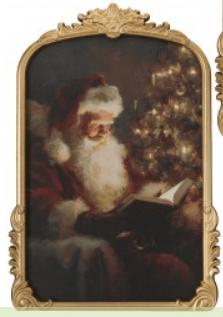 Framed Santa Claus reading book by Christmas tree gold ornate frame