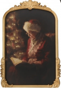 Framed art print of Santa reading a book by a Christmas tree, gold frame