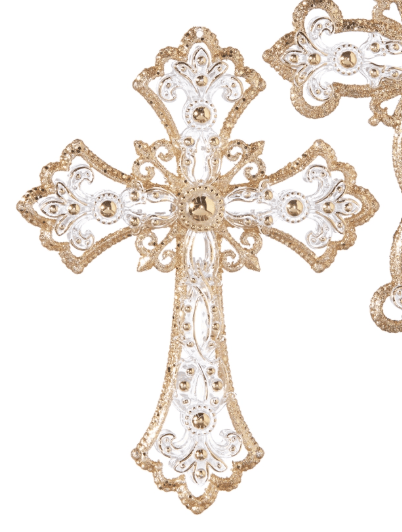 White and gold filigree jeweled decorative cross ornament with intricate scrollwork