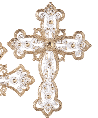 Ornate gold and white glittered jeweled cross ornament with fleur-de-lis details