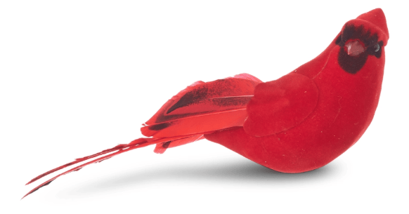 Red flocked cardinal bird ornament with clip base and feathered tail detail