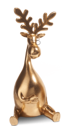 Gold metallic sitting moose figurine with antlers and small round glasses
