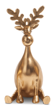 Gold metallic moose figurine with antlers and small glasses, seated pose